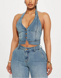 Load image into Gallery viewer, Denim Halter Top in Medium Wash